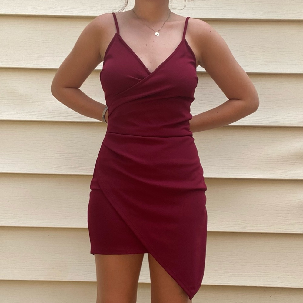 Burgundy Asymmetrical Mini/Homecoming Dress